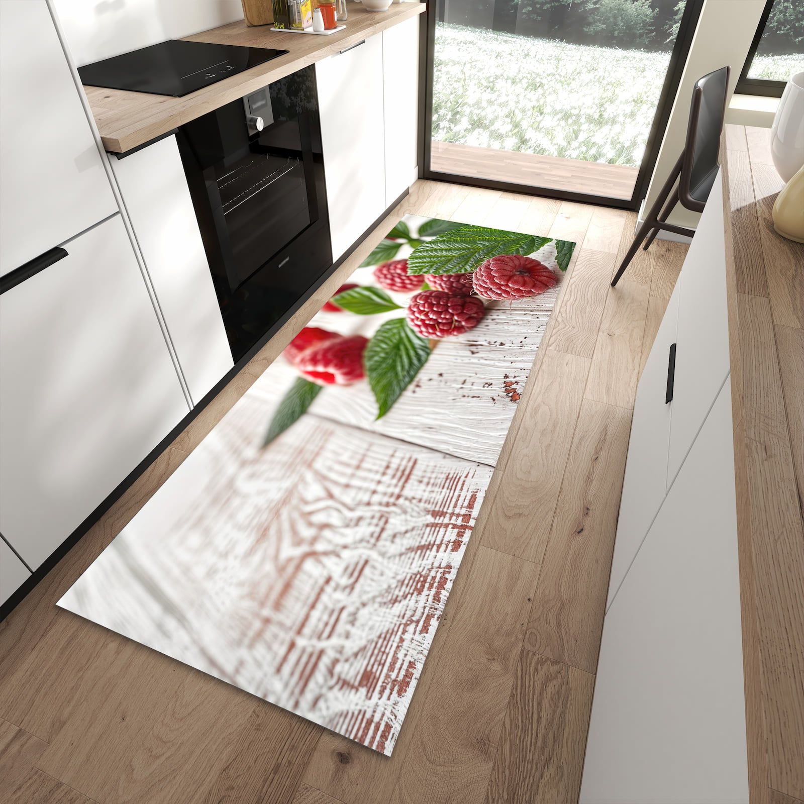 Rutschfester Küchenläufer mit Motiv Himbeeren Holztisch in moderner Küche
