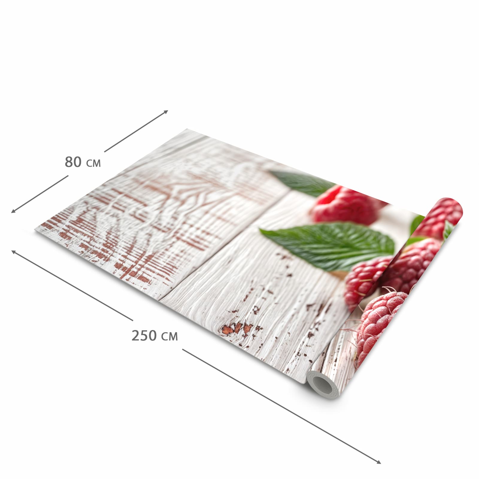 Komfortabler rutschfester Küchenläufer mit Motiv Himbeeren Holztisch in der Größe 80x200 cm