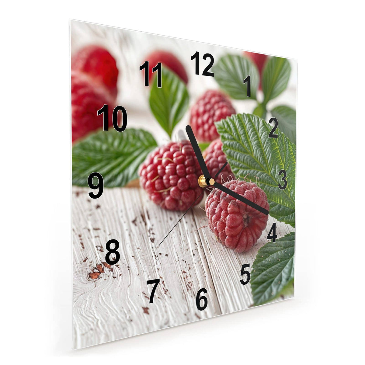 Quadratische Wanduhr aus Glas Himbeeren auf Weiß schräg von der Seite, 4 mm starkes Glas