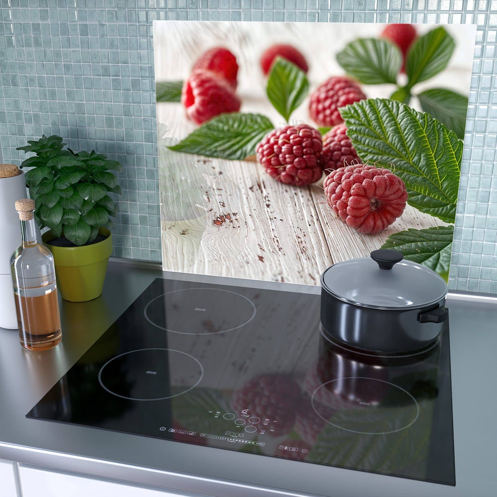 1-teilige Herdabdeckung mit Himbeeren Holztisch-Motiv als Spritzschutz hinter dem Kochfeld