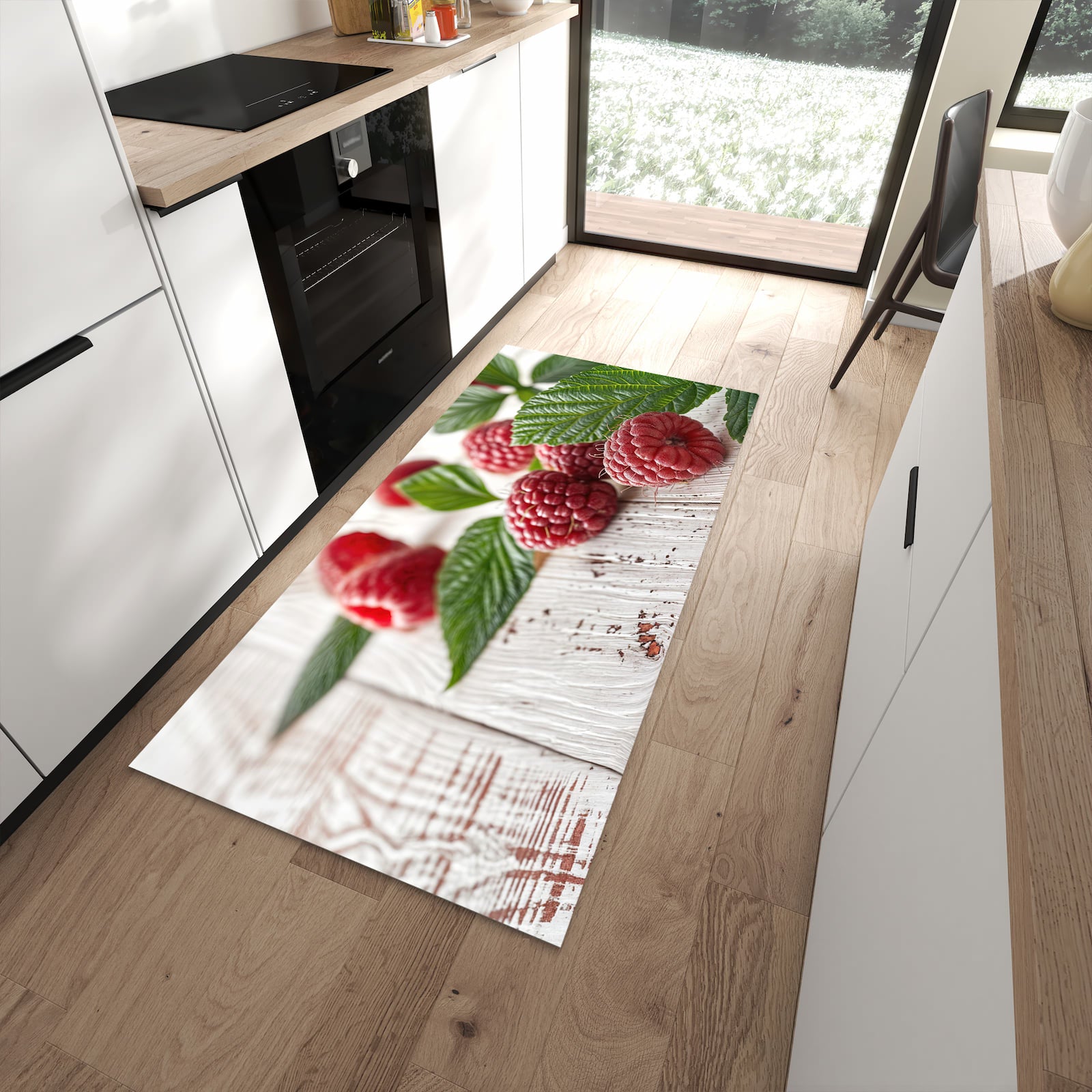 Komfortabler Küchenteppich mit Motiv Himbeeren Holztisch in moderner Küche