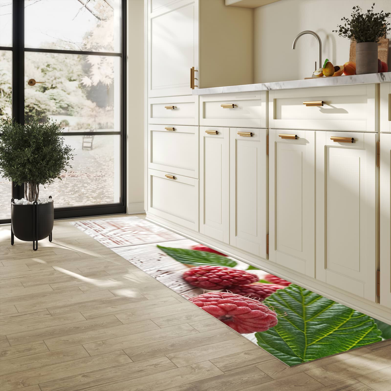 Komfortabler Teppich fürs Esszimmer mit Motiv Himbeeren Holztisch in heller Küche, waschbar