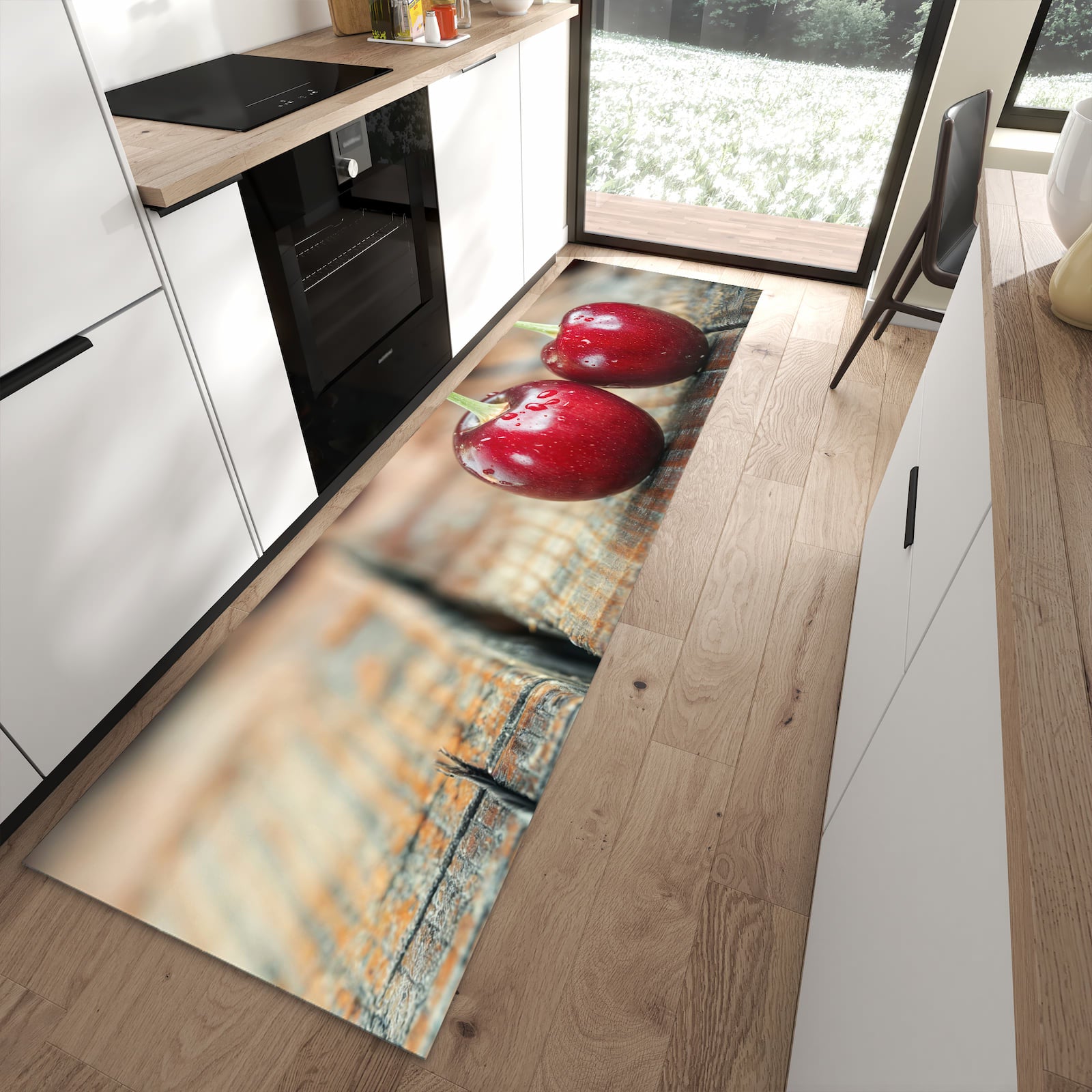 Farbbeständiger waschbarer Küchenläufer mit Motiv Kirschen des Frische in moderner Küche