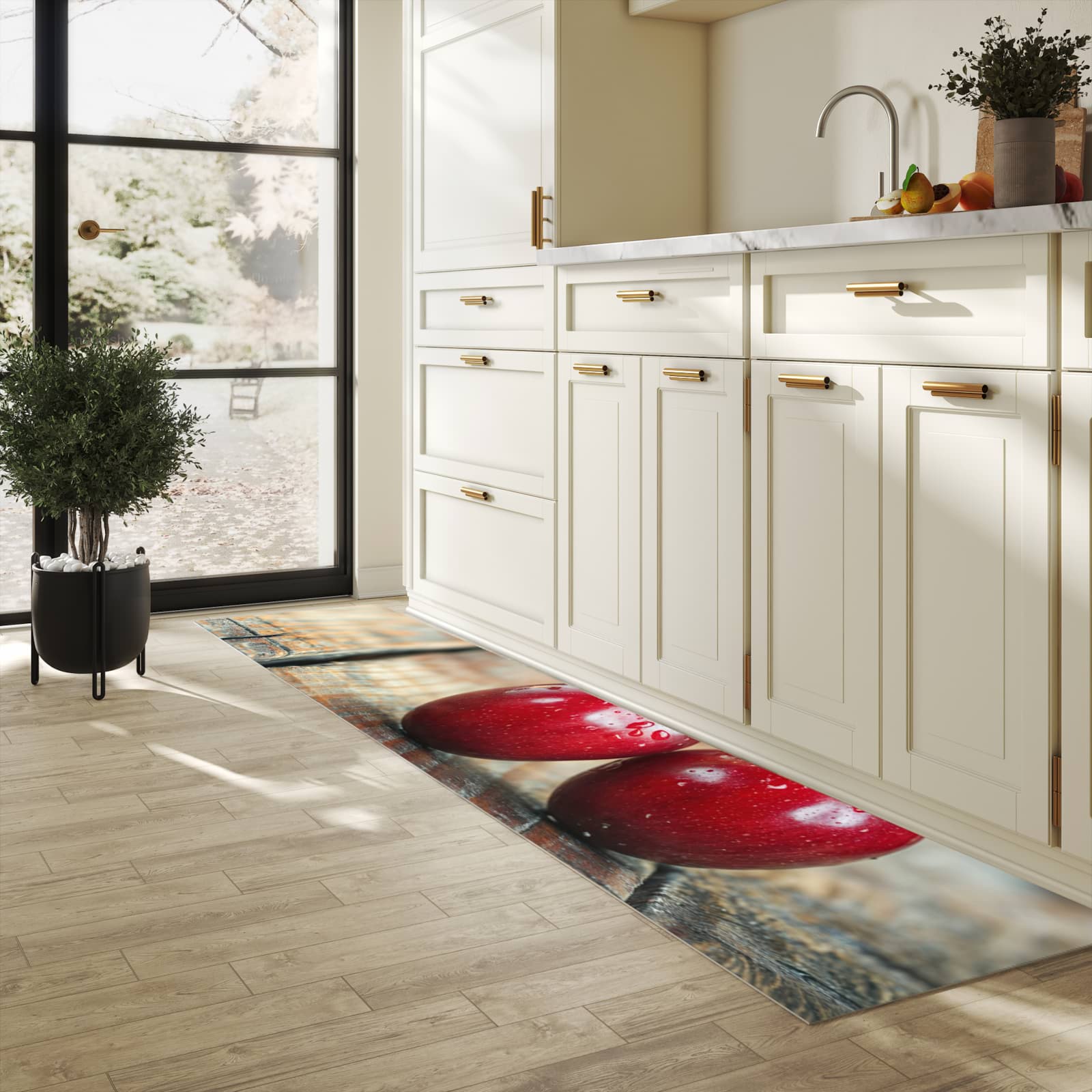 Küchenvorleger mit Motiv Kirschen des Frische in heller Küche für sichere Aufbewahrung