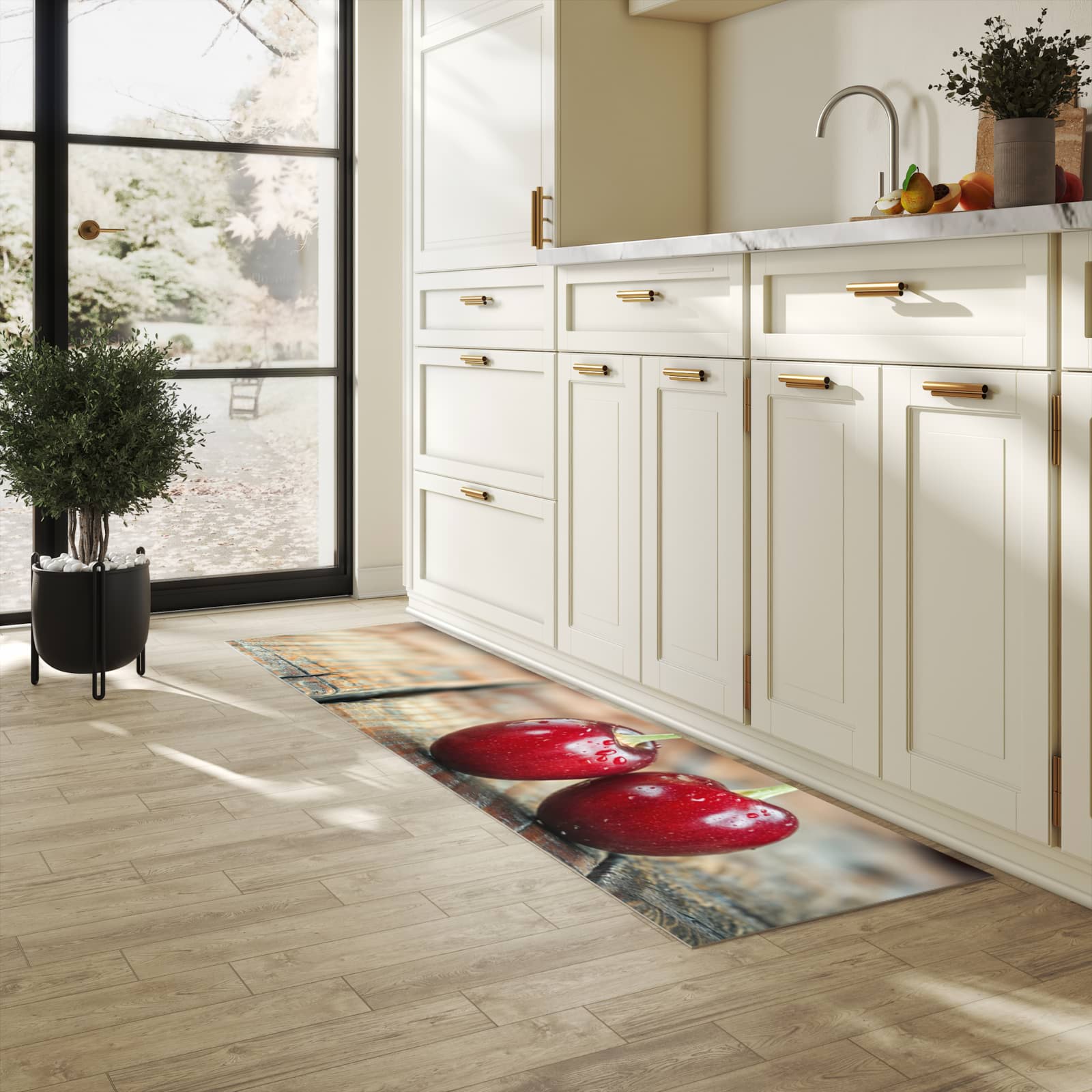 Farbbeständiger Küchenläufer mit Motiv Kirschen des Frische in heller Küche