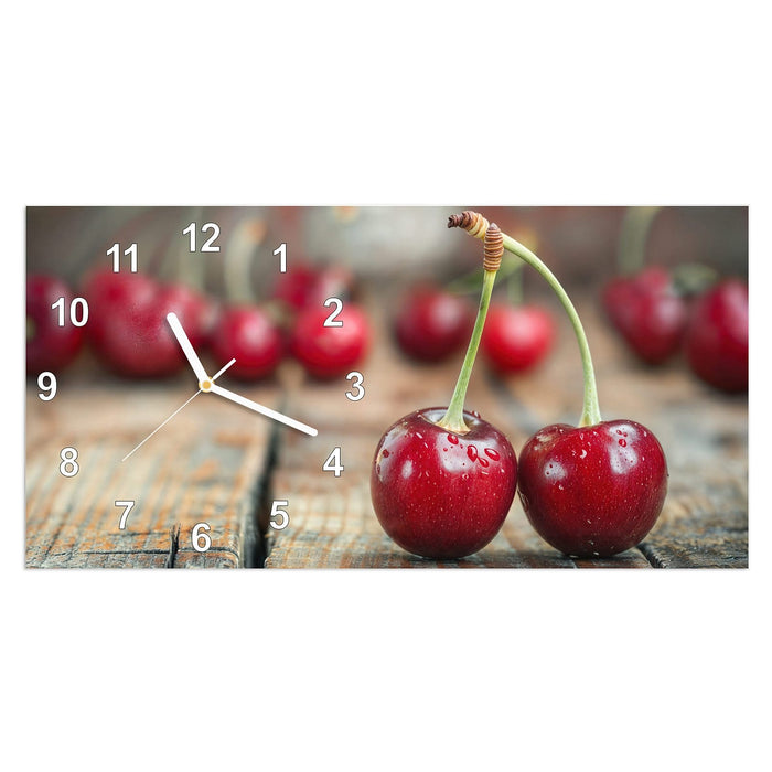 Wanduhr Saftige Frische Kirschen aus Glas – Querformat 60 × 30 cm mit Ziffernblatt Modern
