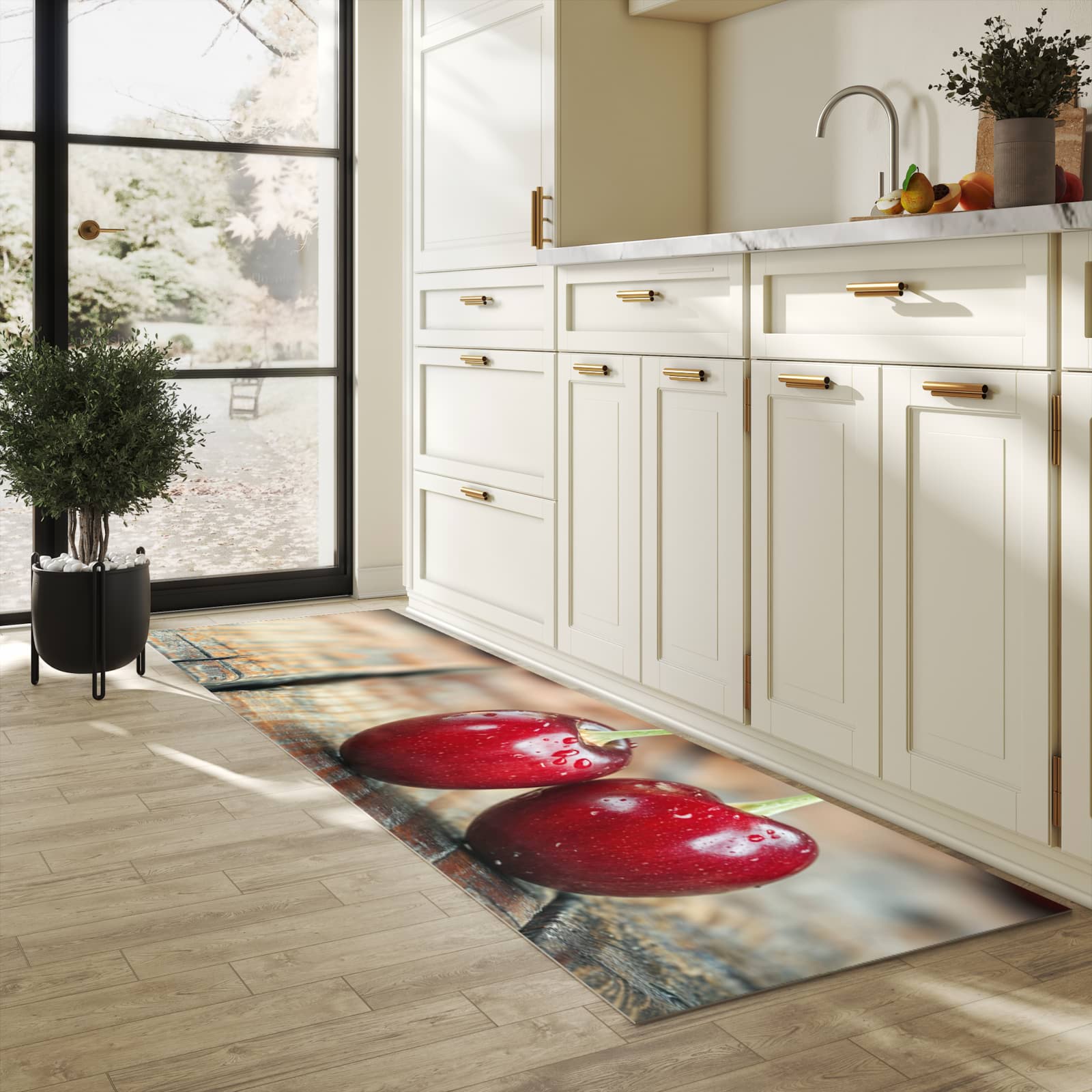 UV-beständiger Teppichläufer mit Motiv Kirschen des Frische in heller Küche