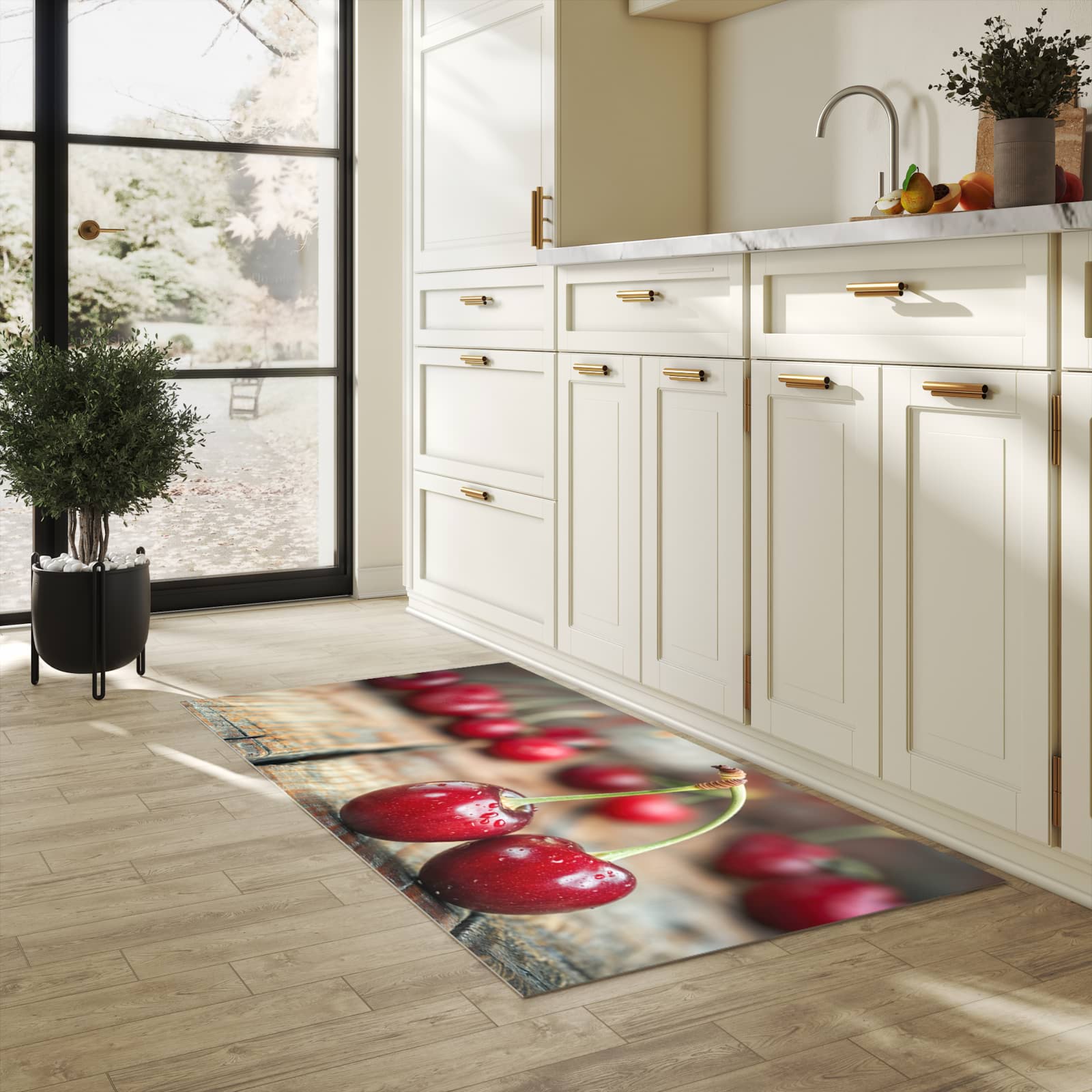 Wasserabweisender Küchenläufer mit Motiv Kirschen des Frische in heller Küche