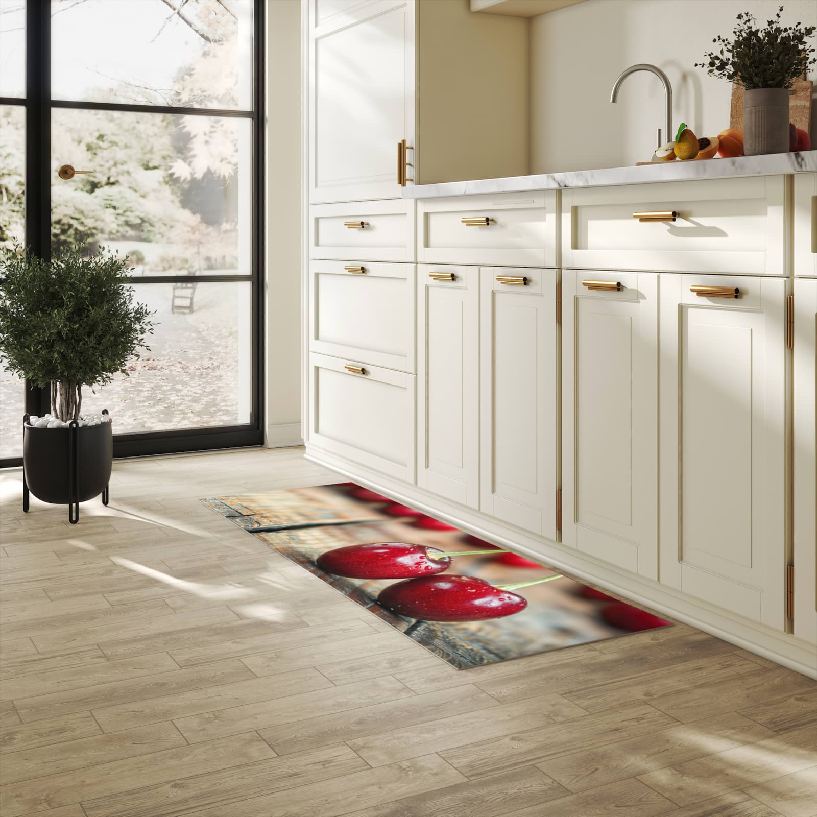 Bodenschonender Läufer für die Küche mit Motiv Kirschen des Frische in heller Küche