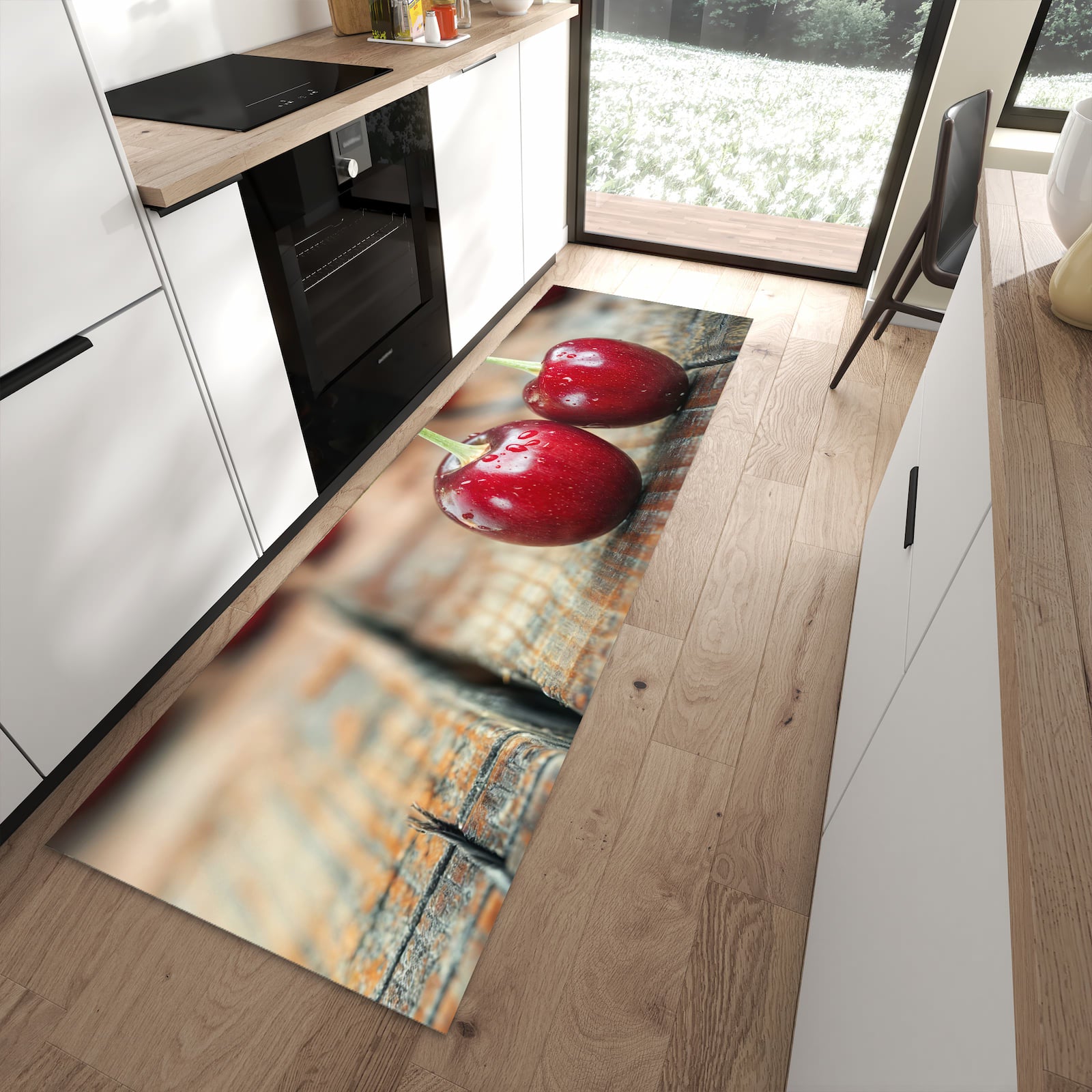Bodenschonender rutschfester Küchenläufer mit Motiv Kirschen des Frische in moderner Küche