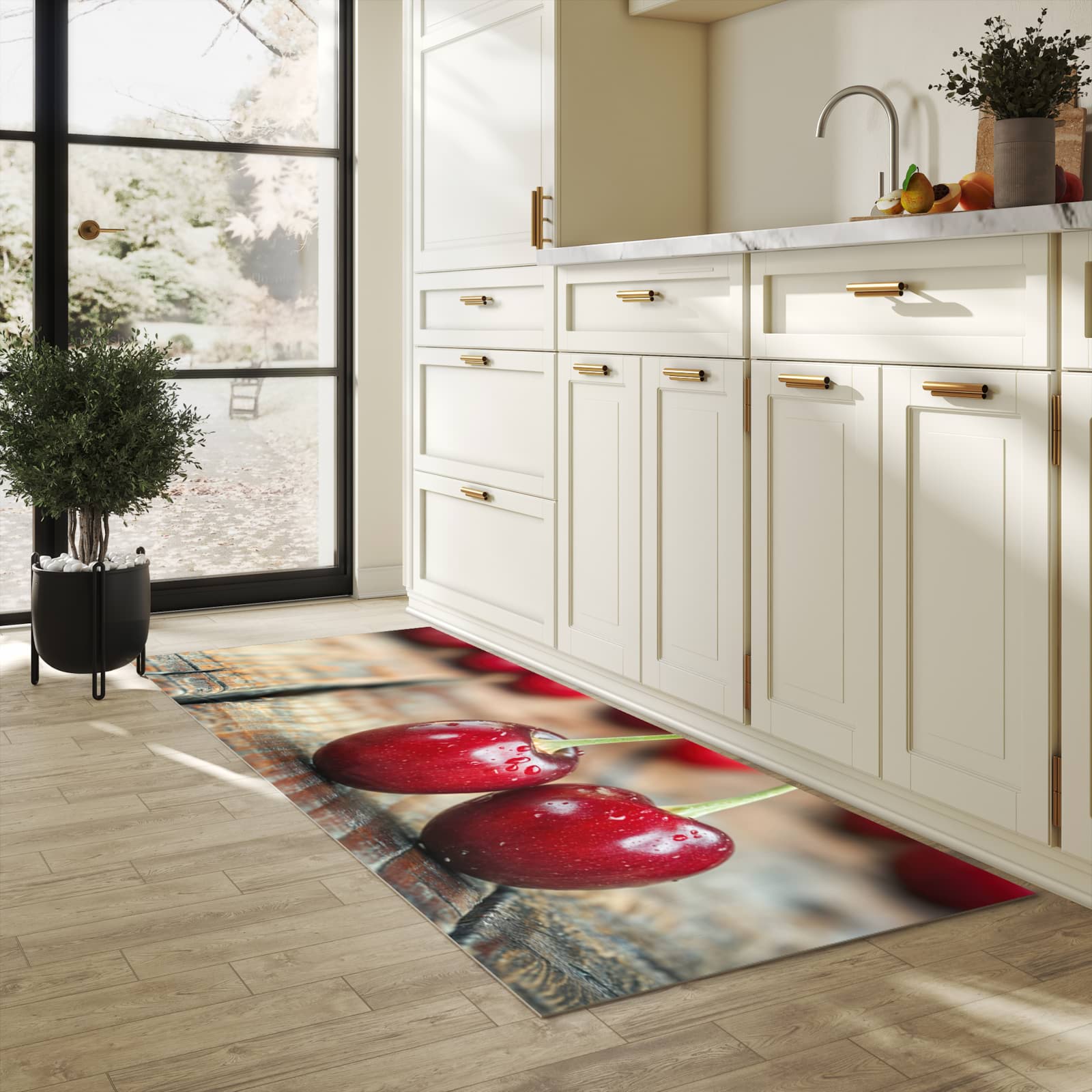 Fleckenresistenter langer Teppich mit Motiv Kirschen des Frische in heller Küche