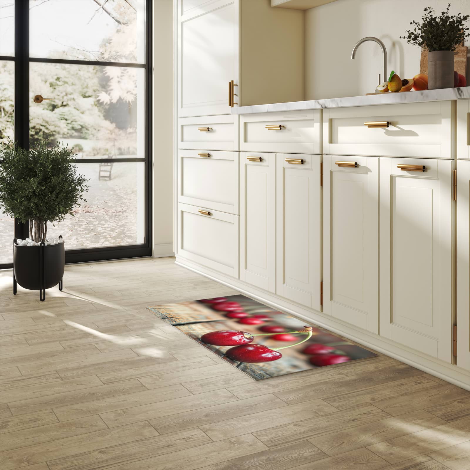 Bodenschonender Küchenteppich mit Motiv Kirschen des Frische in heller Küche