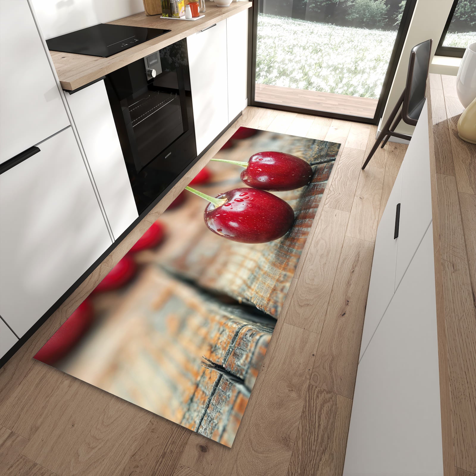 Zeitsparender Küchenläufer nach Maß mit Motiv Kirschen des Frische in moderner Küche