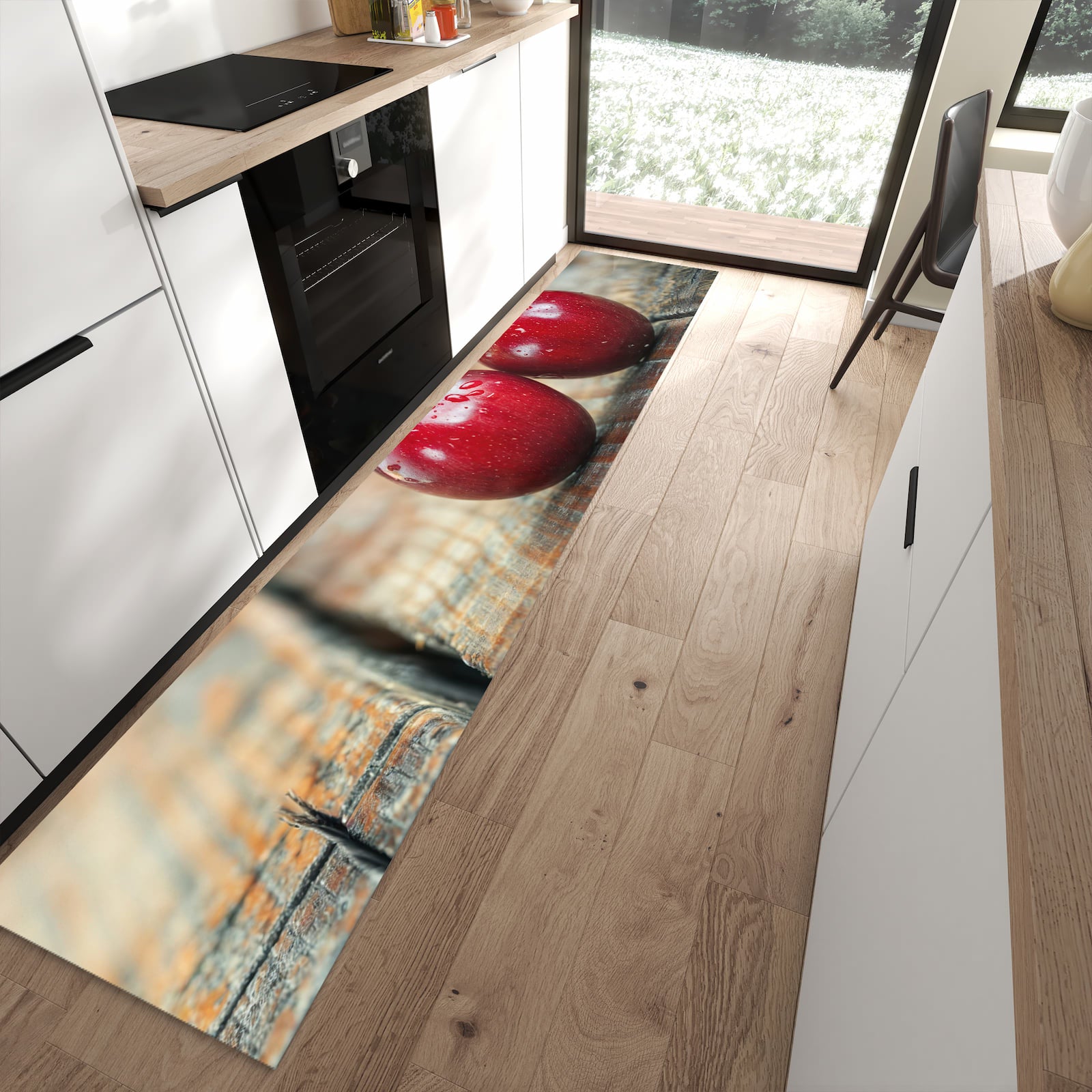 Feuchtigkeitsresistenter Küchenläufer mit Motiv Kirschen des Frische in moderner Küche