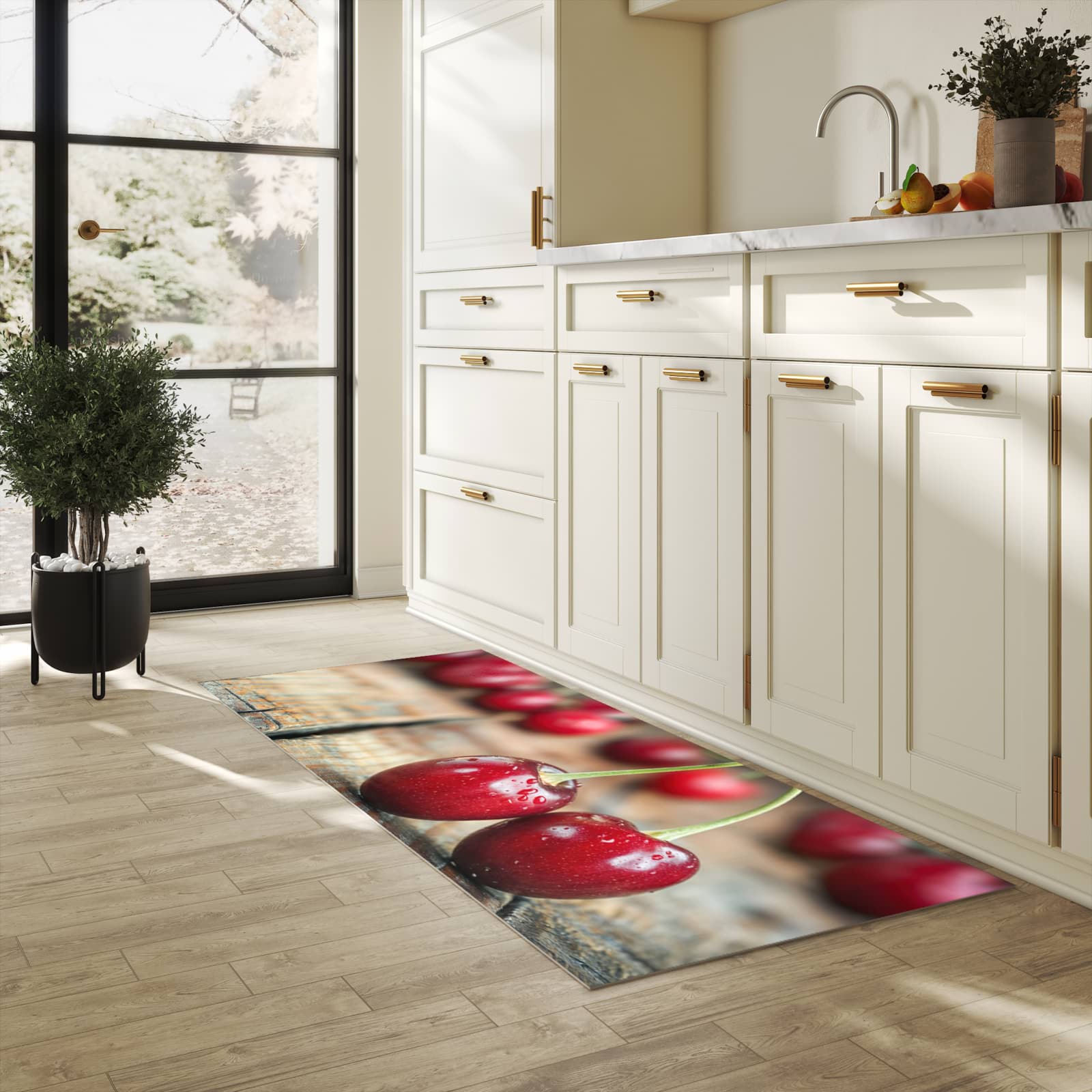 Geräuschdämpfender Küchenläufer mit Motiv Kirschen des Frische in heller Küche