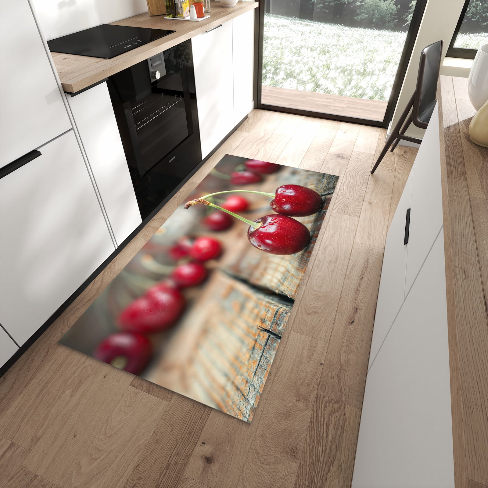 Sicherer Küchenläufer mit Motiv Kirschen des Frische in moderner Küche