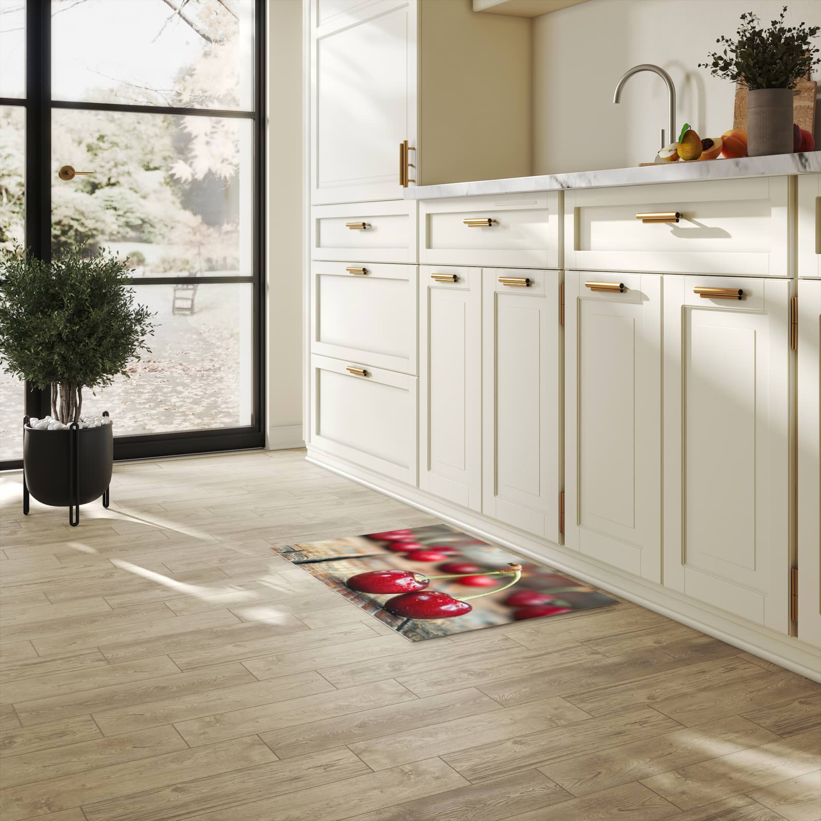 Zeitsparender waschbarer Küchenteppich mit Motiv Kirschen des Frische in heller Küche