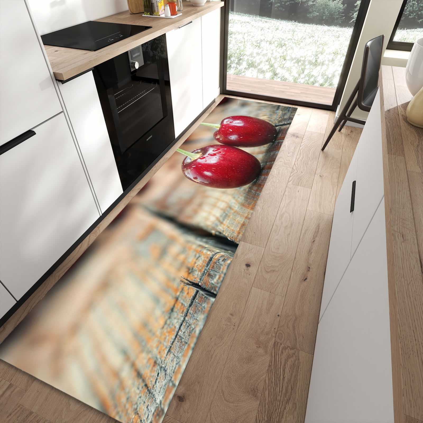 Formstabiler rutschfester Küchenläufer mit Motiv Kirschen des Frische in moderner Küche