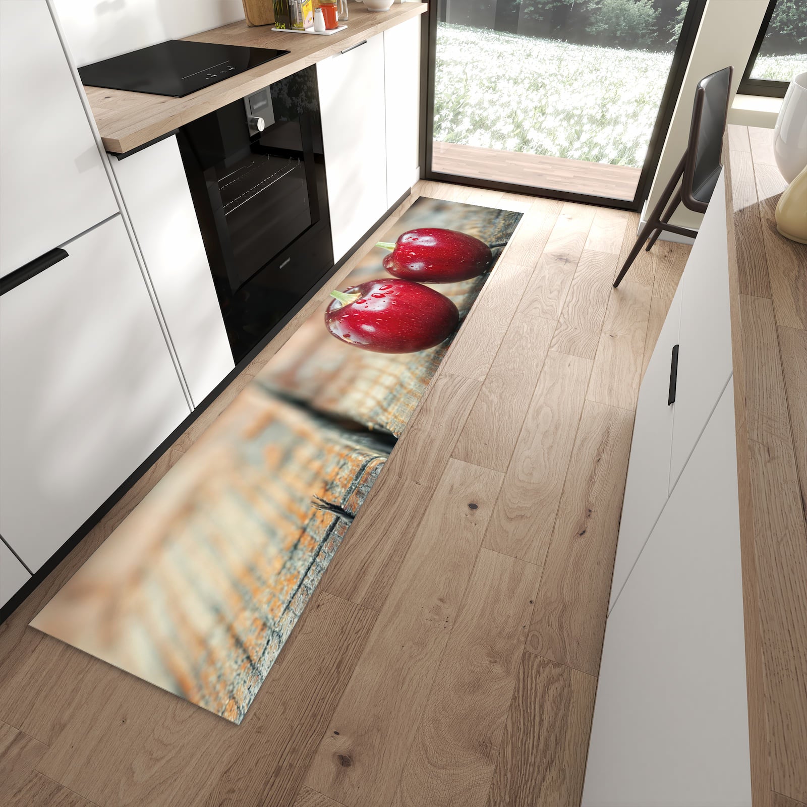 Rutschfester Küchenläufer mit Motiv Kirschen des Frische in moderner Küche