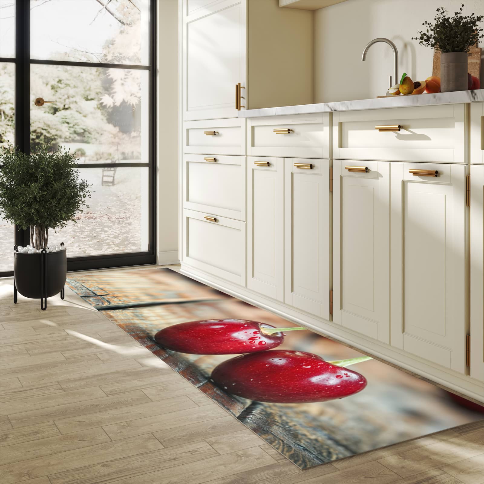Waschbarer Küchenläufer mit Motiv Kirschen des Frische für Trittkomfort in heller Küche