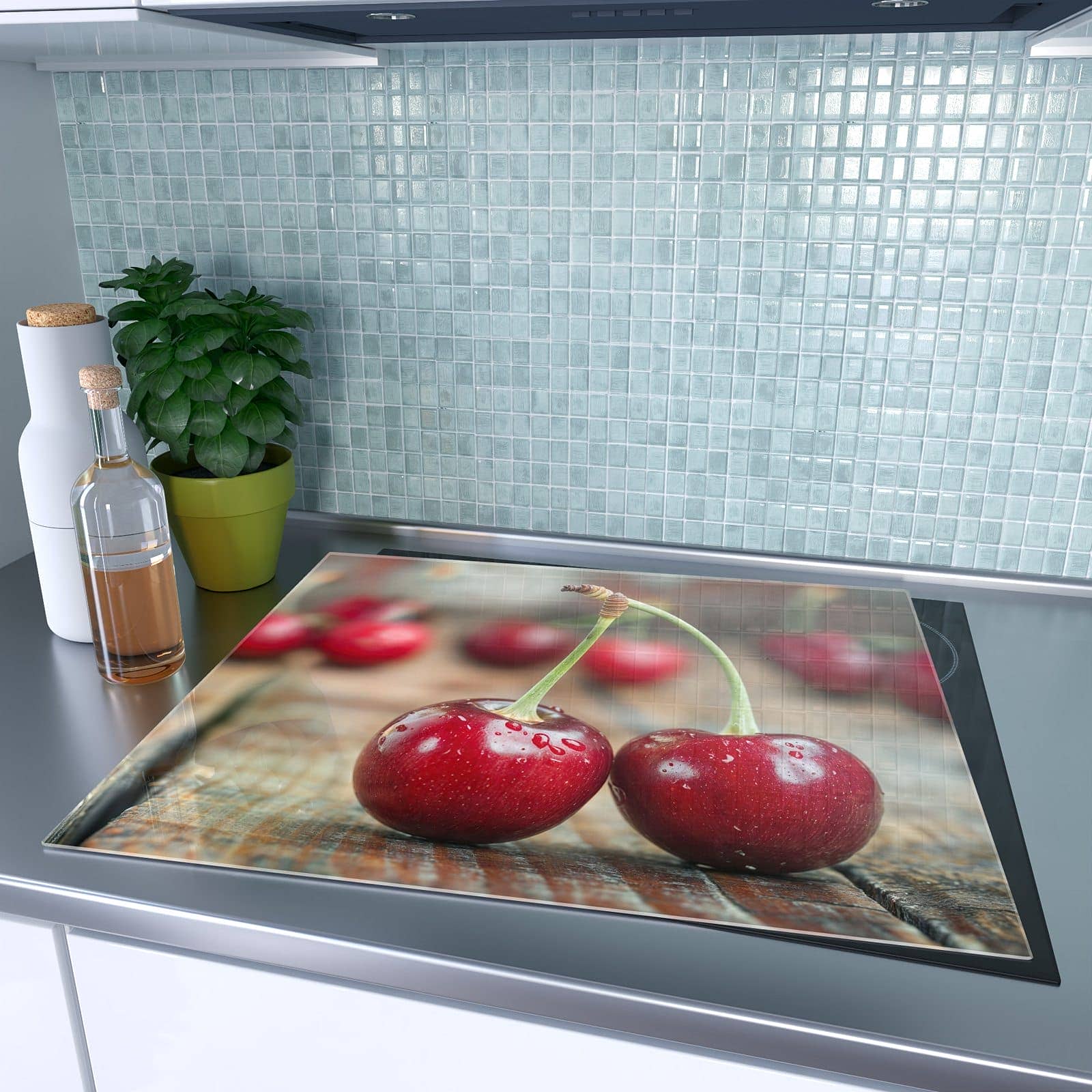 1-teilige Herdabdeckplatte aus Glas mit Saftige Frische Kirschen-Motiv auf dem Ceranfeld