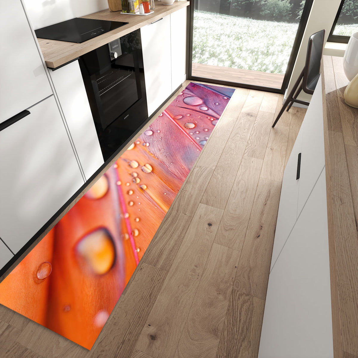 Geruchsneutraler Bodenläufer Teppich mit Motiv Wassertropfen auf Federn in moderner Küche