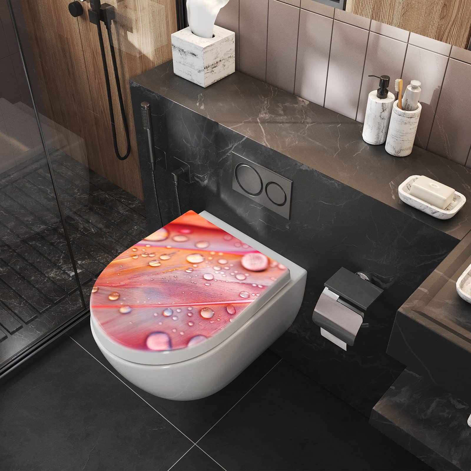 WC-Sitz mit Absenkautomatik Wassertropfen auf Federn