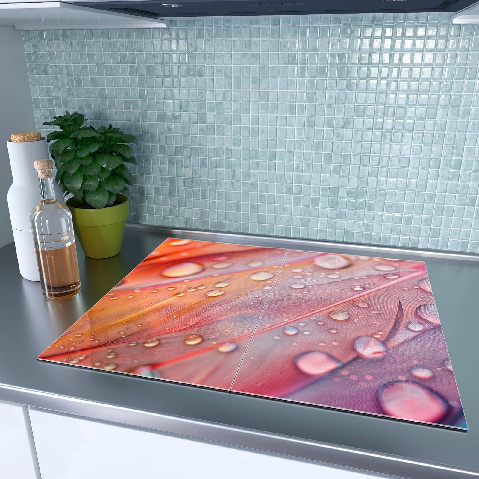 2-teilige Abdeckung für Herdplatte mit Wassertropfen auf Federn-Motiv auf dem Ceranfeld