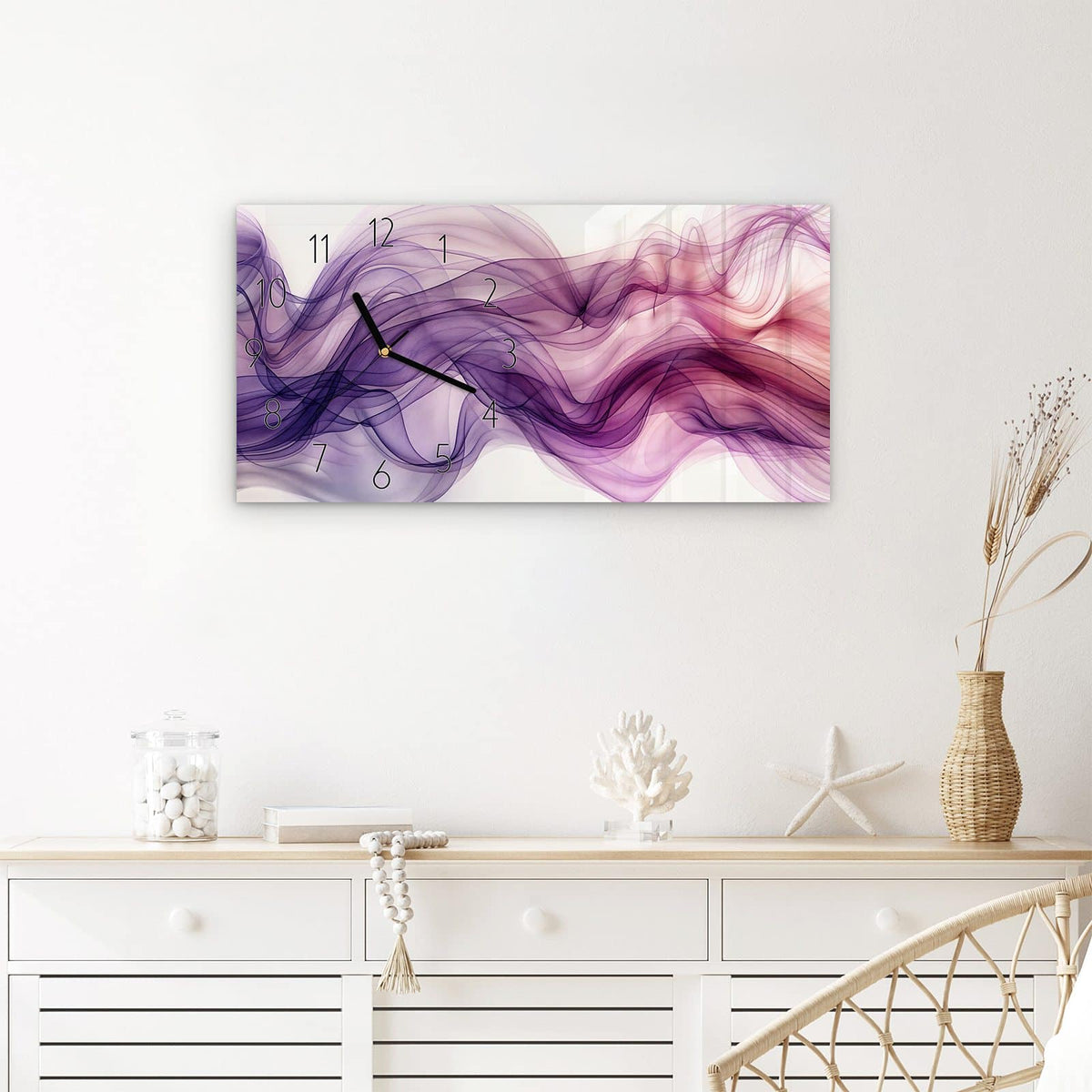 Wanduhr Schwungvolle Linien aus Glas – Querformat 60 × 30 cm – Fließende Linien in Violett