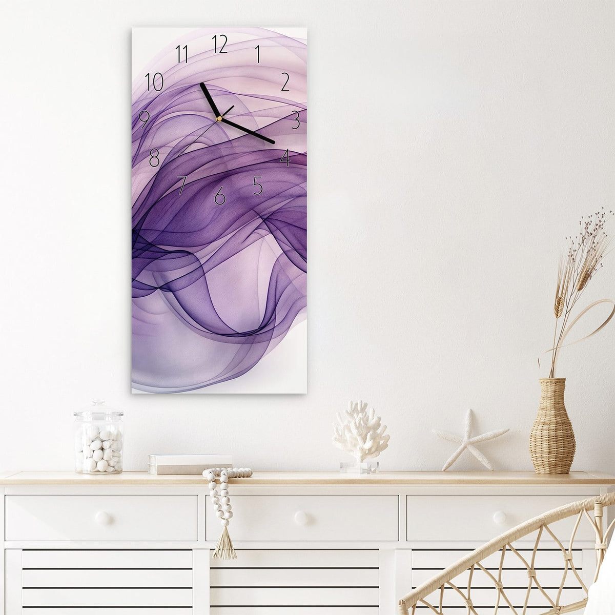 Wanduhr Schwungvolle Linien aus Glas – Fließende Linien in Violett