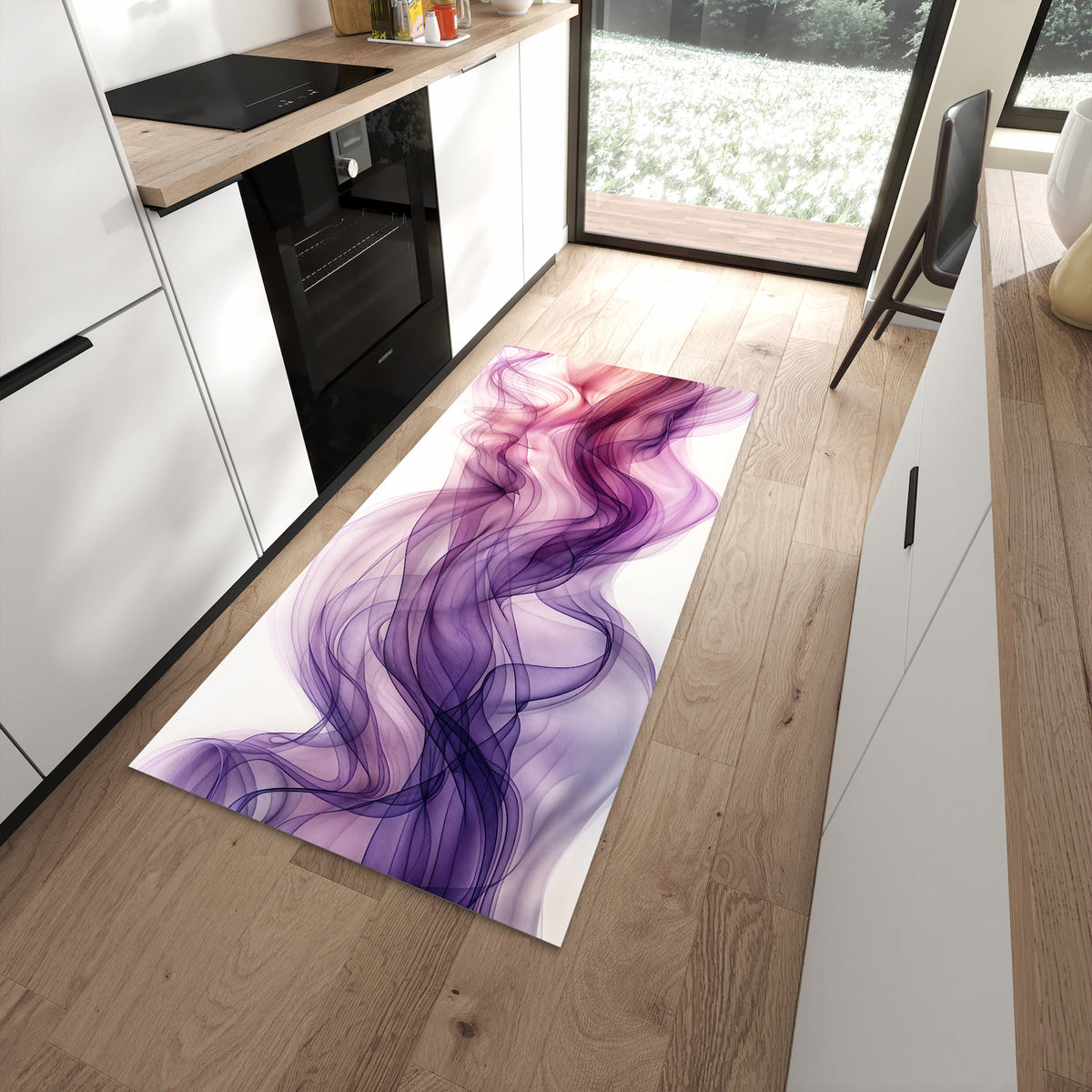 Geräuschdämpfender dünner Teppich mit Motiv Schwungvolle Linien in moderner Küche