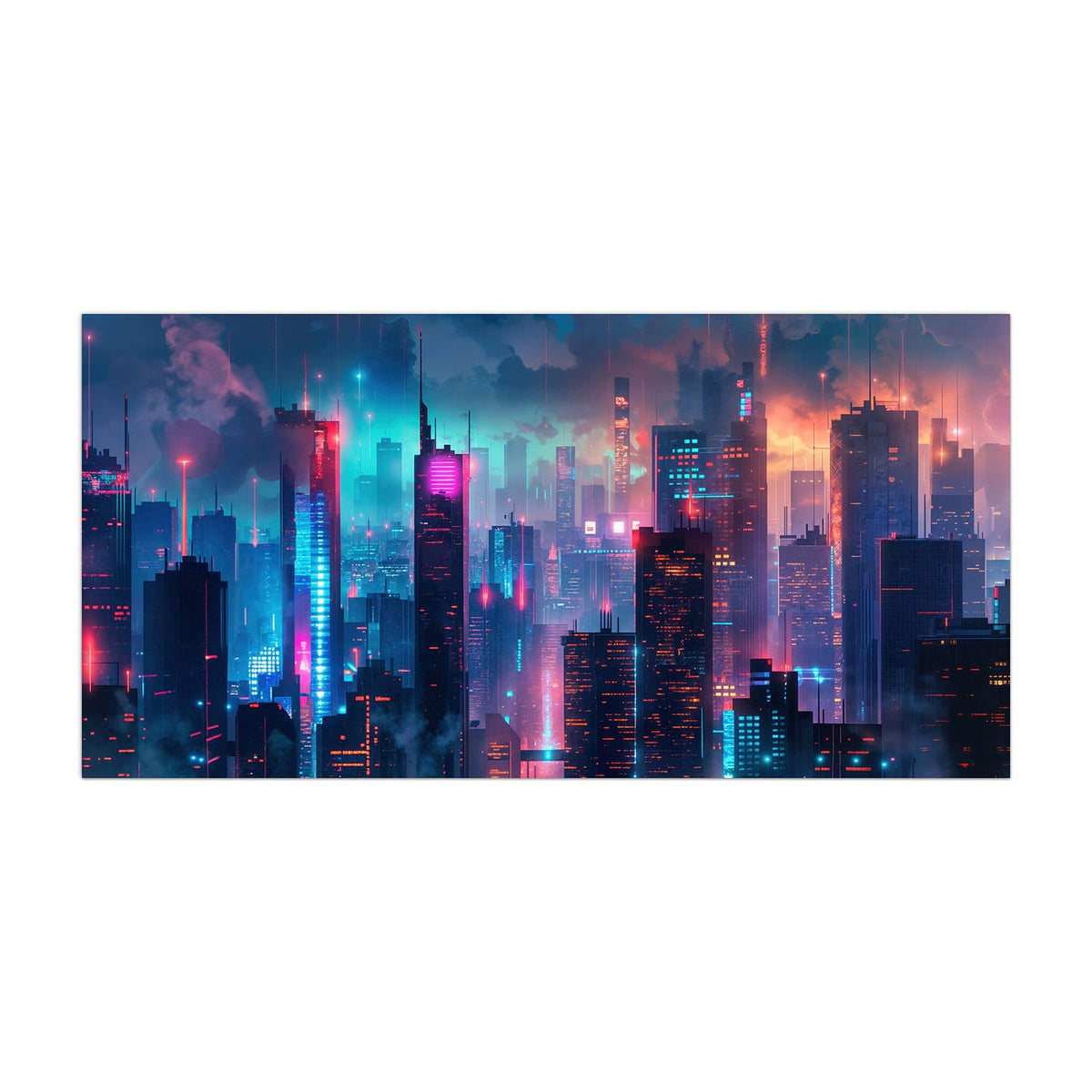 Küchenrückwand aus Glas Neon Skyline bei Nacht im Hochformat, Motiv bildfüllend von vorn