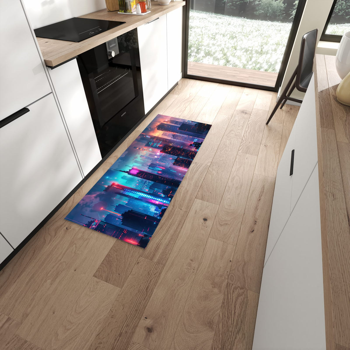 Rutschfester dünner Teppich mit Motiv Zukunftsstadt spart Zeit in moderner Küche #grösse_60 x 150 cm
