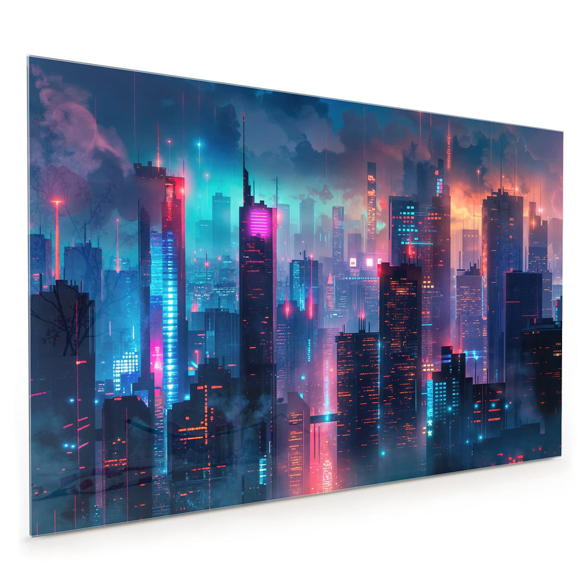 Küchenrückwand aus Glas im Hochformat: Nächtliche Skyline aus Hochhäusern in blauem, pinkem und türkisem Neonlicht