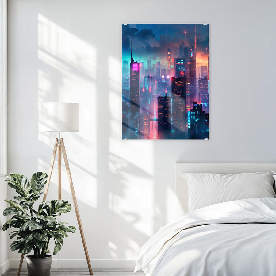 Maße Wandbild - Neon Skyline bei Nacht - Hochformat