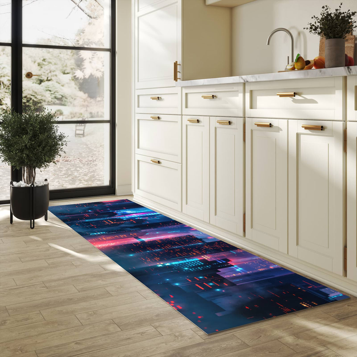 Küchenteppich mit Motiv Zukunftsstadt für Ordnung in heller Küche