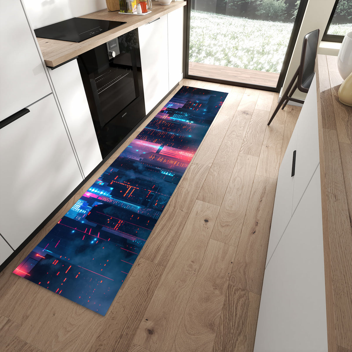 UV-beständiger waschbarer Teppich für Esstisch mit Motiv Zukunftsstadt in moderner Küche