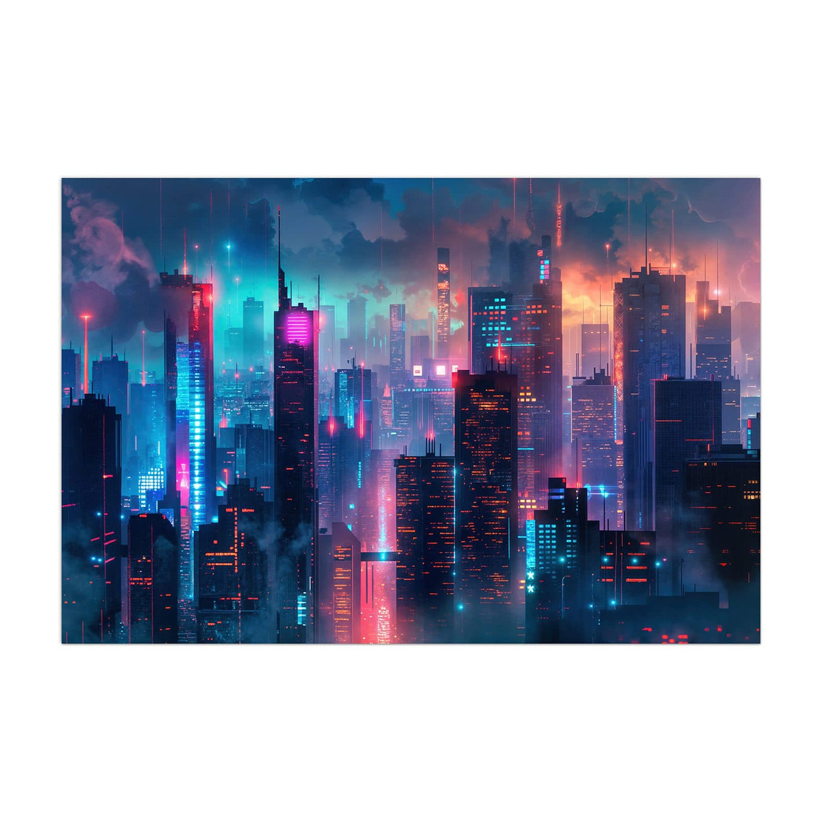 Küchenrückwand aus Glas Neon Skyline bei Nacht im Hochformat, Motiv bildfüllend von vorn