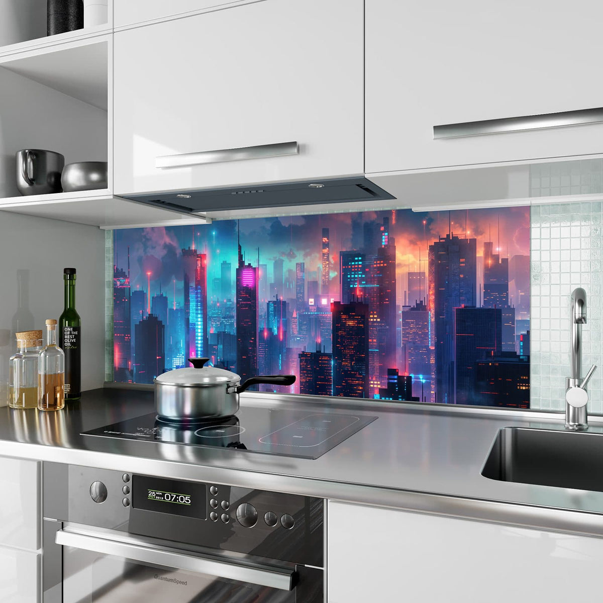 Küchenrückwand aus Glas Neon Skyline bei Nacht im Hochformat als Spritzschutz hinter dem Kochfeld, über dem Fliesenspiegel montiert