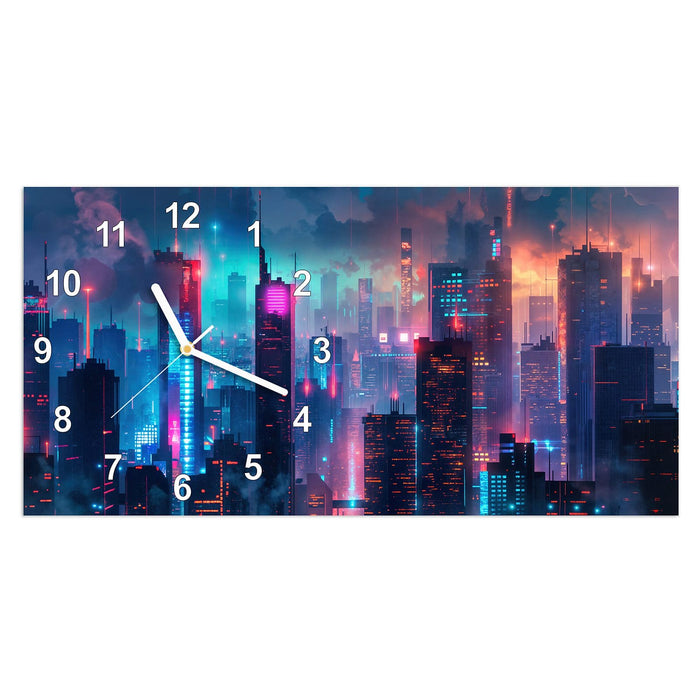 Wanduhr Zukunftsstadt aus Glas – Querformat 60 × 30 cm mit Ziffernblatt Modern