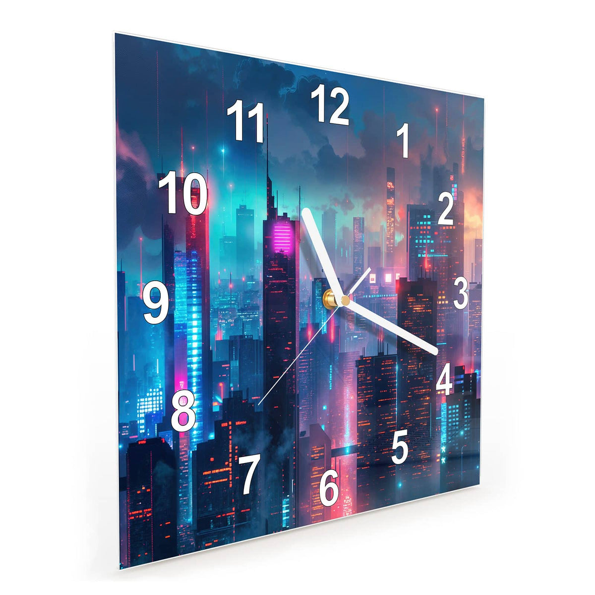 Quadratische Wanduhr aus Glas Neon Skyline bei Nacht schräg von der Seite, 4 mm starkes Glas