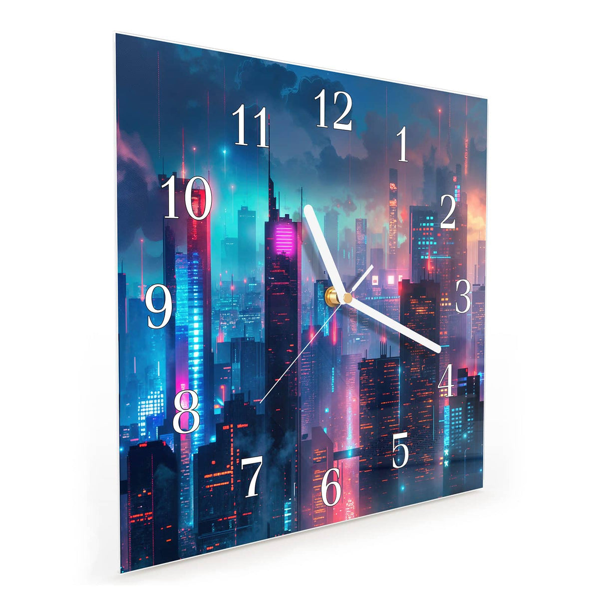 Quadratische Wanduhr aus Glas Neon Skyline bei Nacht schräg von der Seite, 4 mm starkes Glas