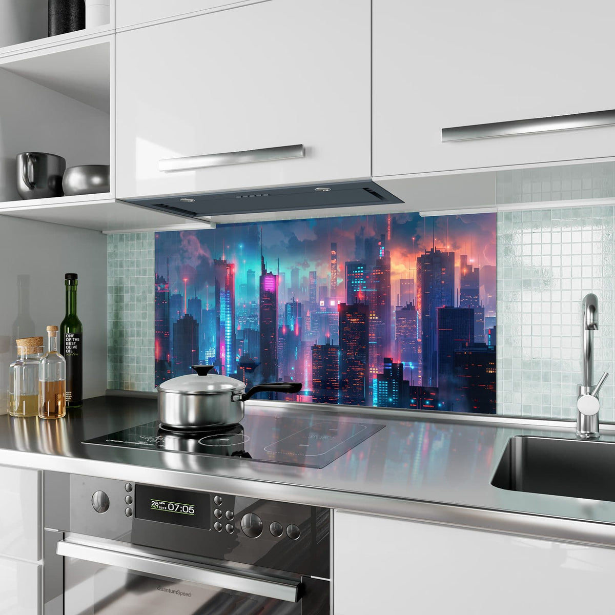 Küchenrückwand aus Glas Neon Skyline bei Nacht im Hochformat als Spritzschutz hinter dem Kochfeld, über dem Fliesenspiegel montiert
