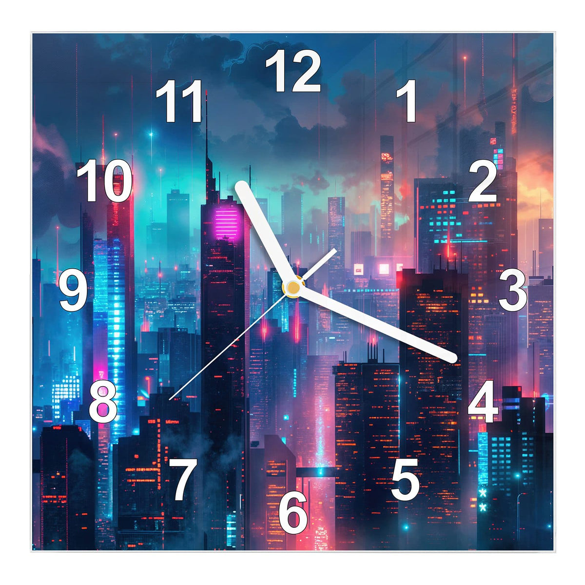 Wanduhr aus Glas, Ziffernblatt Modern: Nächtliche Skyline aus Hochhäusern in blauem, pinkem und türkisem Neonlicht #ziffernblatt_Modern