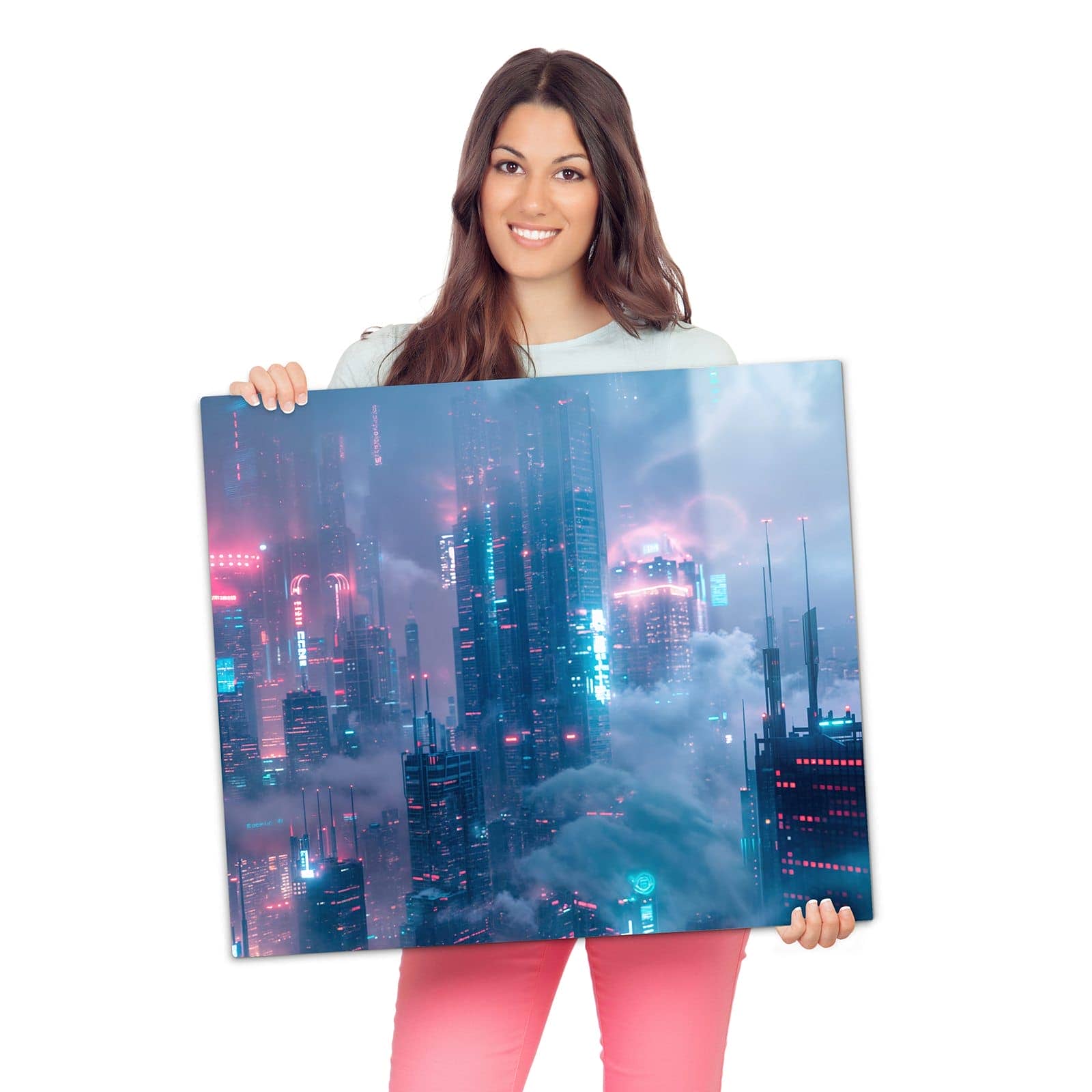 1-teilige Herdabdeckplatte mit Futuristische Stadt-Motiv wird zur Größendarstellung gehalten