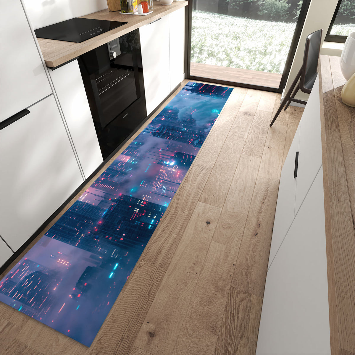 Flacher Küchenteppich mit Motiv Futuristische Stadt in moderner Küche