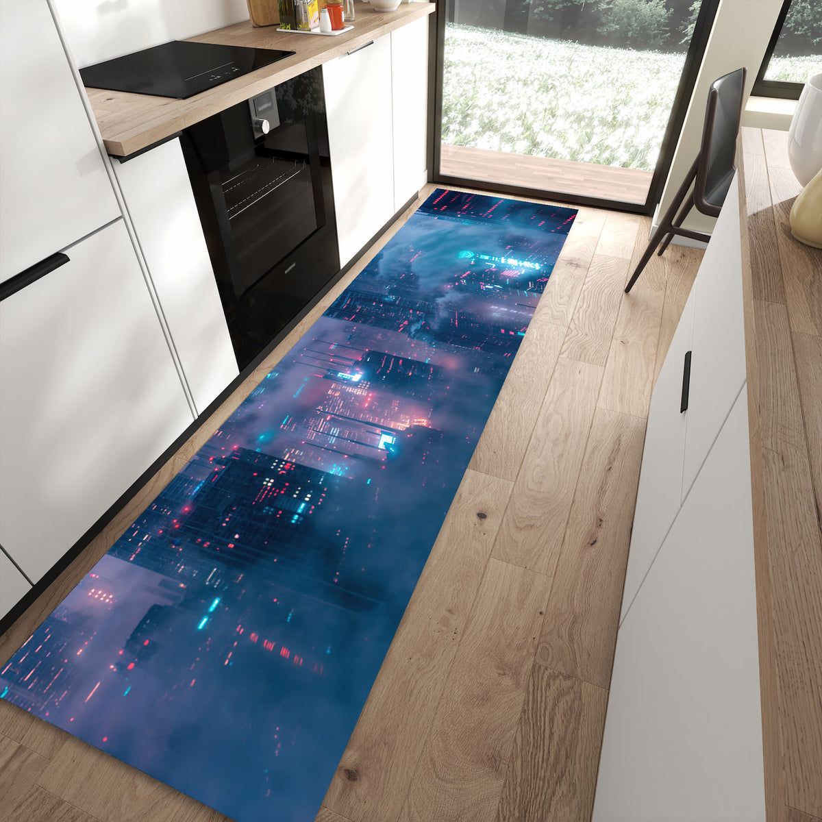 Küchenläufer mit Motiv Futuristische Stadt für angenehme Haptik in moderner Küche
