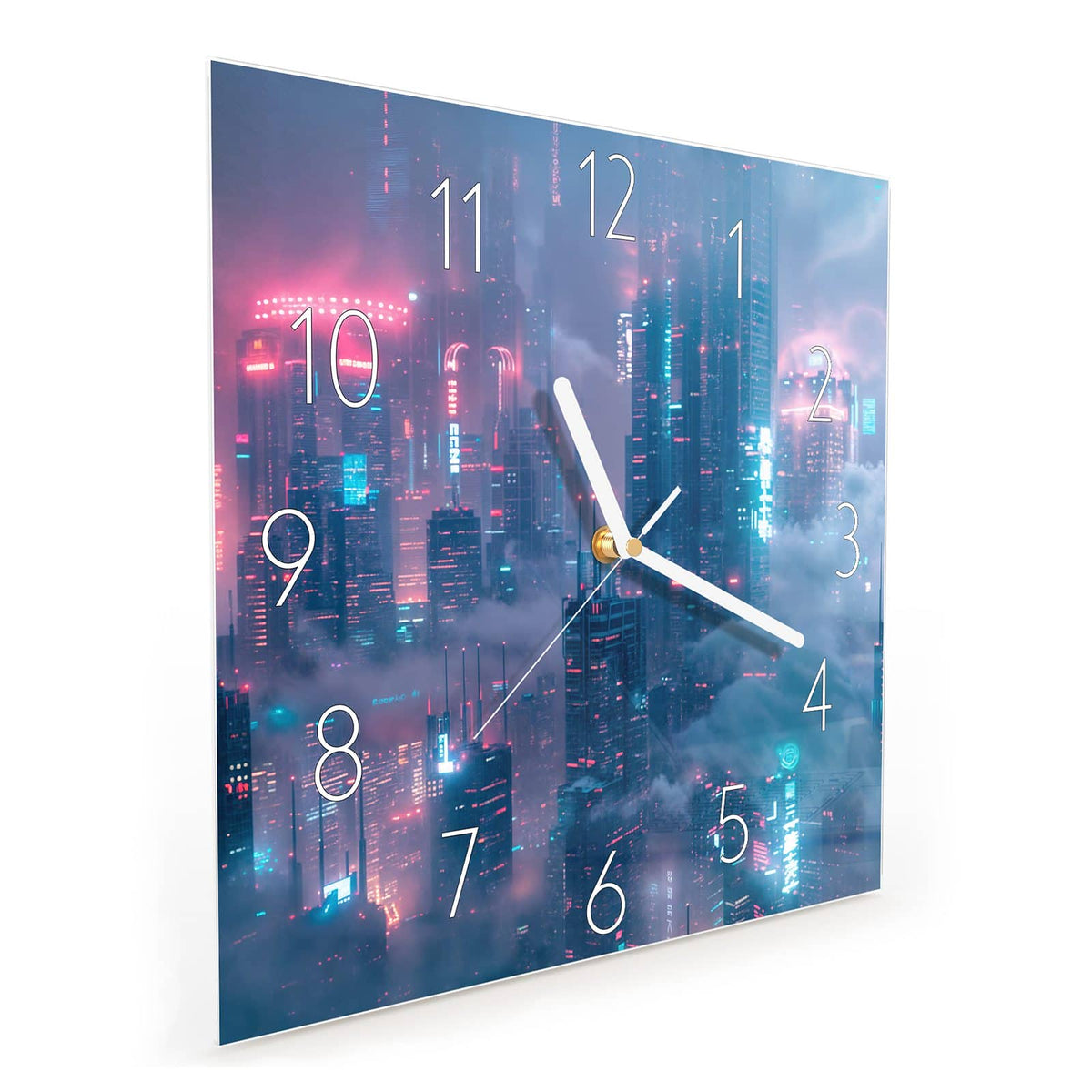 Quadratische Wanduhr aus Glas Wolkenkratzer in Neon schräg von der Seite, 4 mm starkes Glas