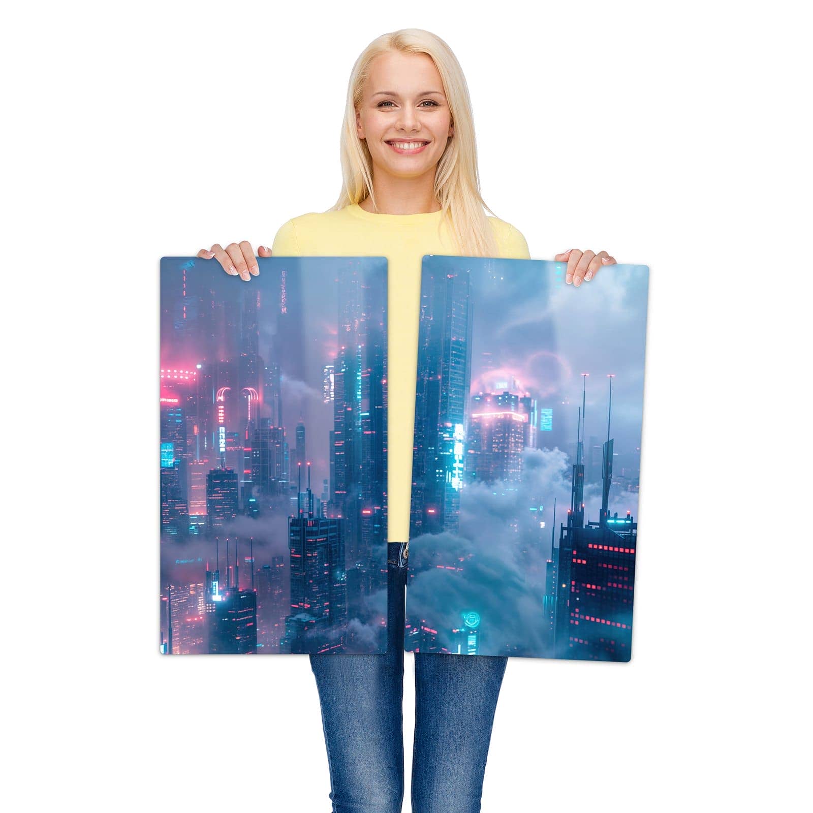 2-teilige Herdabdeckplatte aus Glas mit Futuristische Stadt-Motiv wird zur Größendarstellung gehalten