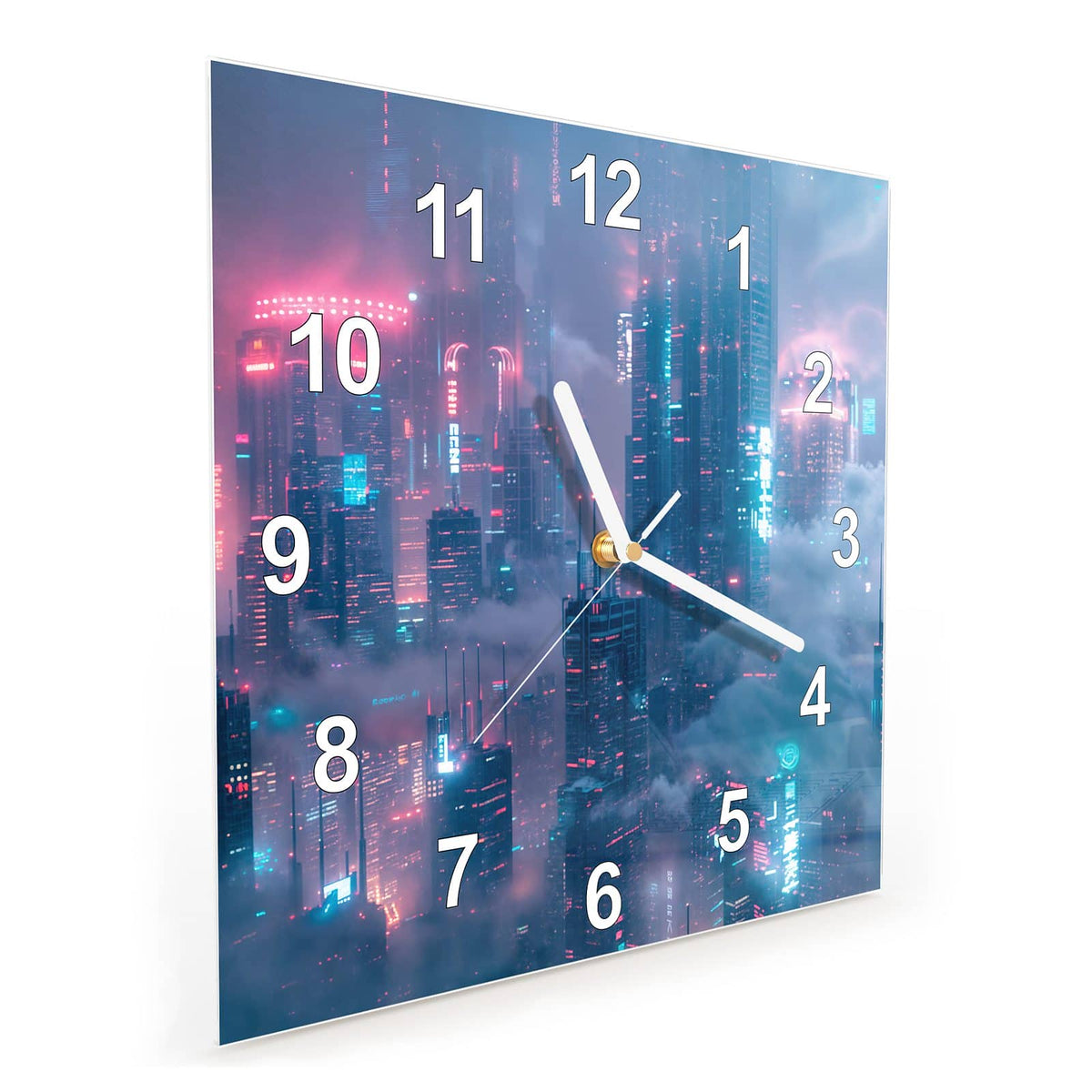 Quadratische Wanduhr aus Glas Wolkenkratzer in Neon schräg von der Seite, 4 mm starkes Glas